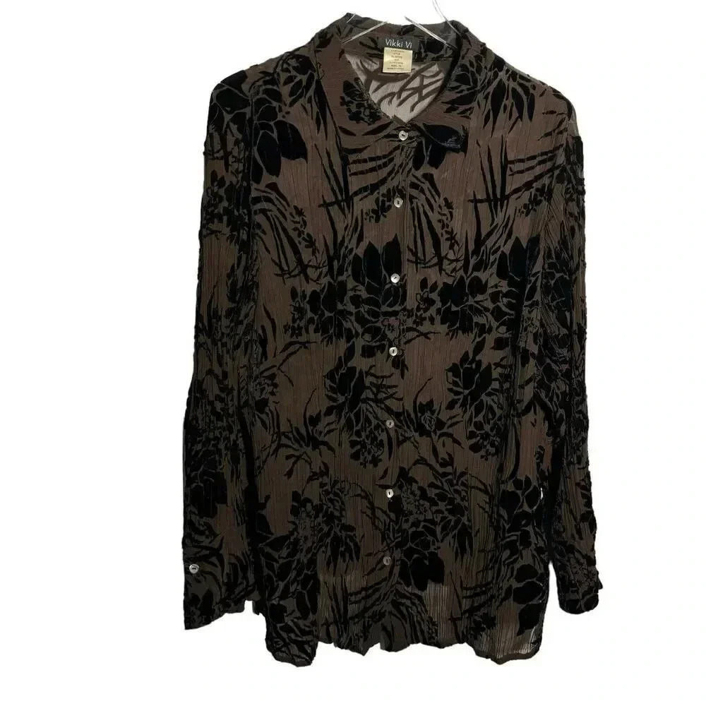 VIkki Vi Size 1X chocolate Brown velvet burnout blouse button down shirt - Picture 2 of 7